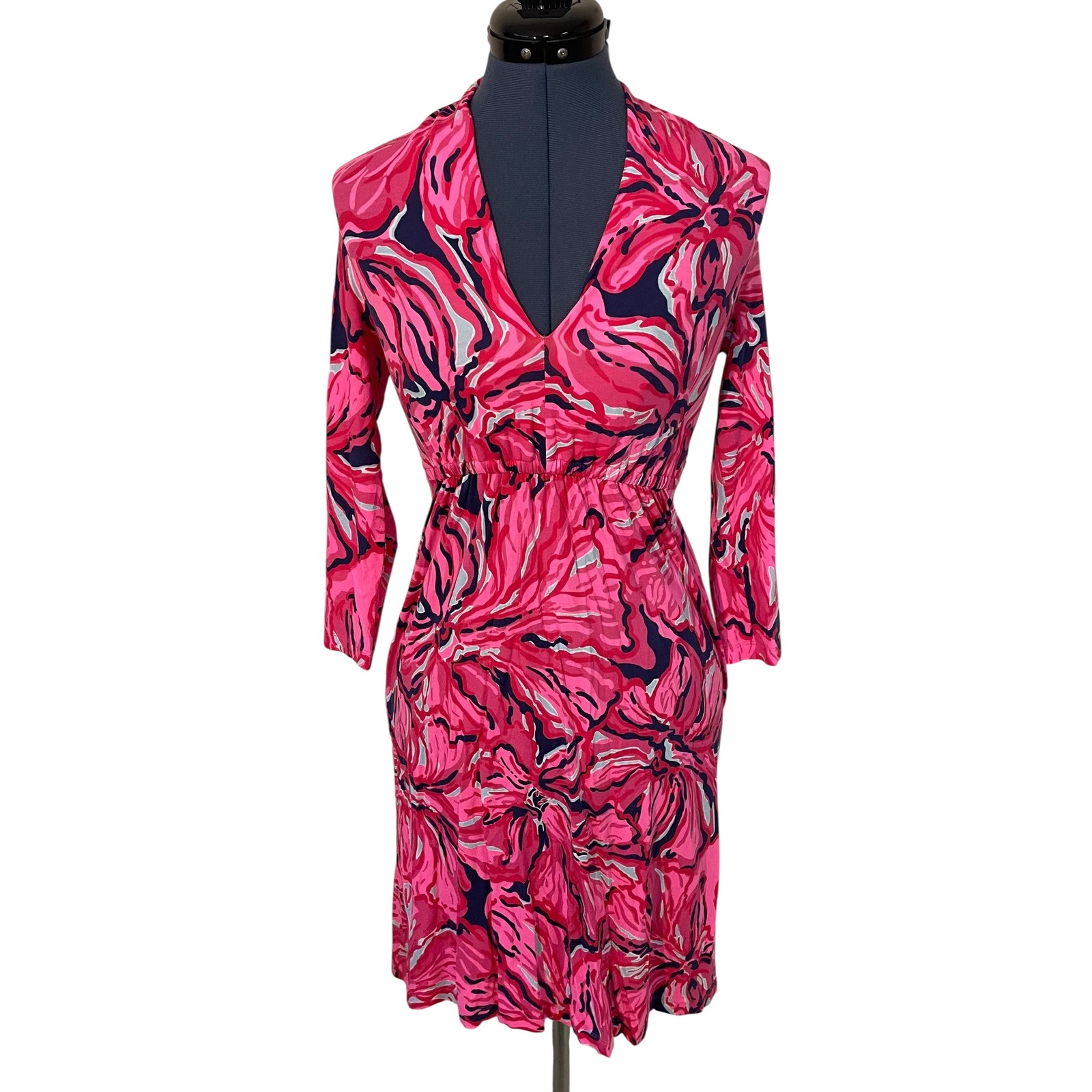 Lilly Pulitzer Alexandra Dress Bright Pink Navy Floral V Neck Resortwear Chic Xs